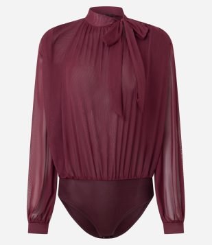 Body em Tule com Gola Laço e Manga Longa Vermelho