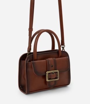 Bolsa Pequena Estruturada em PU com Metais Envelhecido Marrom