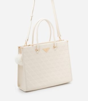 Bolsa Satchel Grande com Textura Embossed e Pingente Pompom Off White