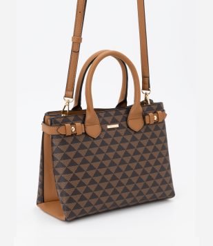 Bolsa Satchel Média com Alças Duplas e Estampa de Triângulos Marrom-