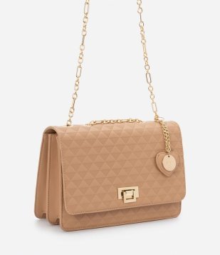 Bolsa Shoulder Em Pu Com Tampa E Alça De Corrente E Pendente Bege