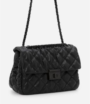 Bolsa Shoulder Grande com Textura Matelassê e Alça de Corrente Preto