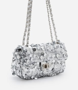 Bolsa Shoulder com Paetês Metalizados e Alça de Corrente Prata
