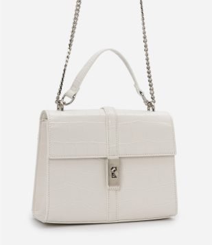 Bolsa Shoulder em PU com Tampa e Textura Croco Bege
