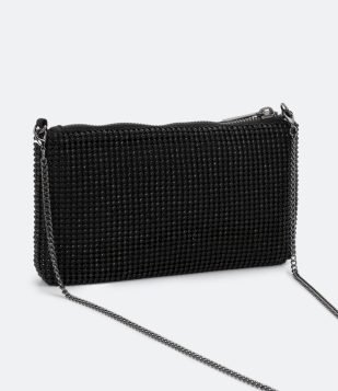 Bolsa Transversal com Alça Corrente e Detalhes em Strass Preto