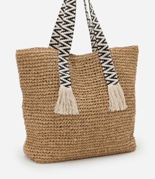 Bolsa de Praia de Alça Entrelaçada Contrastante com Franjas Bege