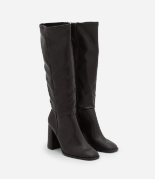 Bota Sock Boot em PU com Bico Quadrado e Salto Bloco Marrom