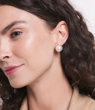 Brinco Ear Jacket Com Pérola E Flor De Strass Off White