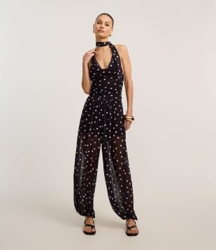 Calça Aladim em Tule Poá com Transparência Preto