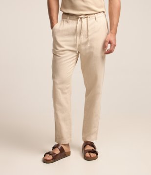Calça Relaxed em Oxford de Algodão com Amarração na Cintura Bege