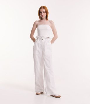 Calça Wide Leg Em Sarja Com Puxador No Cós Franzido Off White