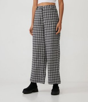 Calça Pantalona Em Tweed Xadrez Com Bolsos Preto/Branco