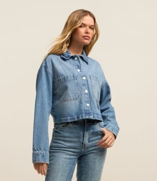 Camisa Overshirt em Jeans com Bolsos Frontais Azul