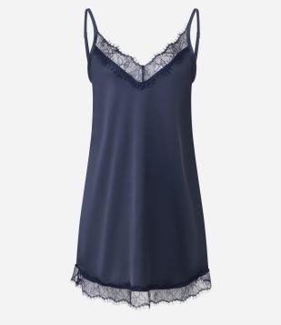 Camisola Regular em Cetim com Detalhes de Renda Azul Escuro