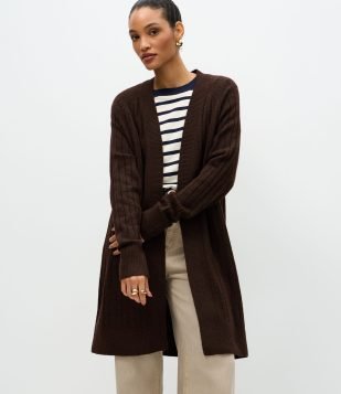 Cardigan Tricô Canelado Alongado sem Bolsos Marrom