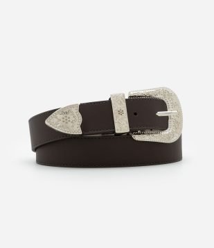 Cinto Médio em PU com Fivela Western e Ponteira em Níquel Marrom Escuro