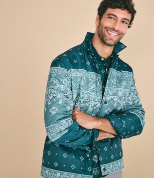 Jaqueta com Estampa Paisley e Bolsos Verde Petróleo