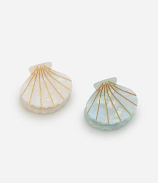 Kit 02 Piranhas de Cabelo de Plástico Detalhes de Concha e Metalizados Off White-Azul