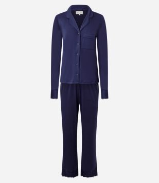 Pijama Americano Longo em Peach Touch com Detalhe em Renda Azul