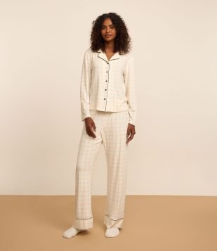 Pijama Longo Americano em Plush Xadrez Off White