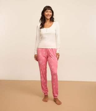 Pijama Longo em Ribana com Botões e Estampa Girly Branco-Rosa
