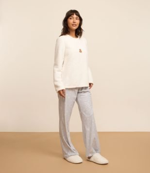 Pijama Longo em Sherpa com Estampa Smile Branco-Azul