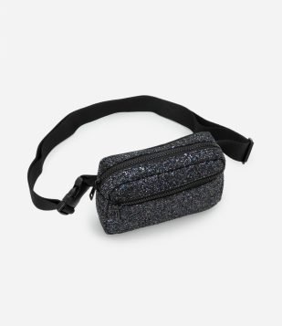 Pochete Pequena com Glitter Bolso Frontal e Alça com Gorgorão Preto