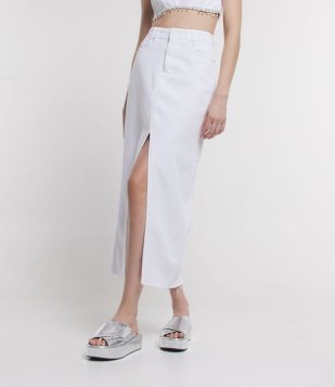 Saia Midi Em Sarja Com Fenda E Barra Desfiada Branco