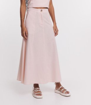 Saia New Midi Em Linho Com Bolsos Rosa