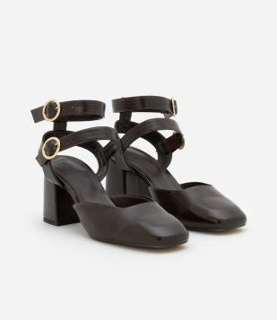 Sapato Boneca em PU com Salto Alto e Tira larga com Fivela Marrom Escuro