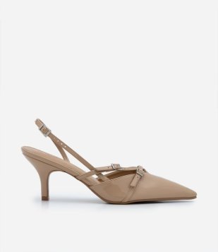 Sapato Scarpin Slingback Com Fivelas Bege