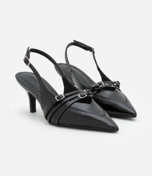Sapato Scarpin em PU Slingback com Multi Fivelas Preto