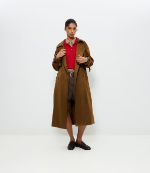 Trench Coat Alongado em Suede com Cinto Marrom Claro