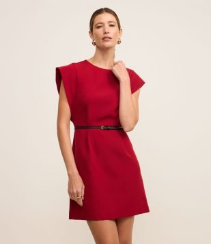 Vestido Curto em Alfaiataria com Cinto de PU Vermelho