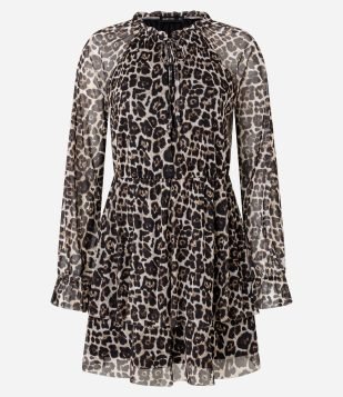 Vestido Curto em Tule com Estampa Anima Print e Babados Marrom