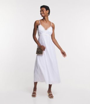 Vestido Longo De Alça Em Voal Com Renda No Decote V Branco