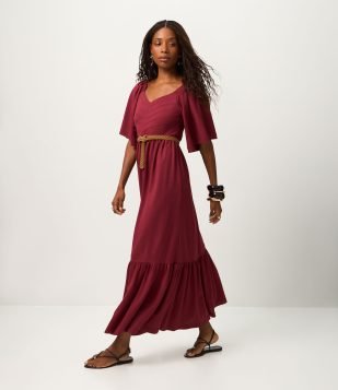 Vestido New Midi com Manga Evasê Vermelho