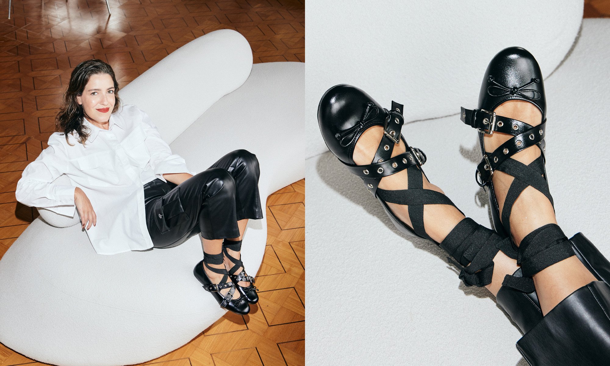 look preto e branco com camisa branca e calça preta, com sapatilha preta