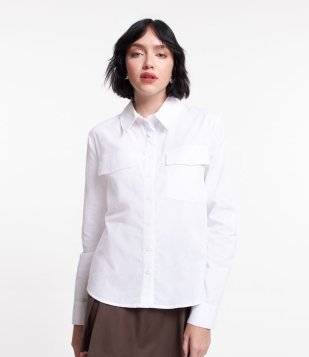 Camisa Alongada Em Tricoline Com Bolsos De Lapela Branco Neve