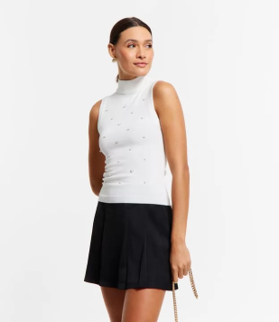 Blusa Em Tricô Com Golinha Alta E Aplicação De Brilhos Branco Neve