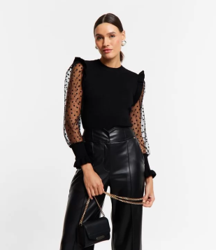 Blusa Em Tricô Com Babado Na Cava E Punhos E Mangas Transparentes Preto