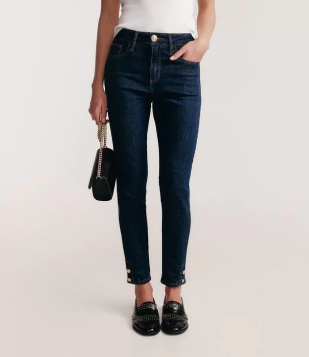 Calça Skinny Jeans Com Pespontos Contrastantes E Botões Na Barra Azul