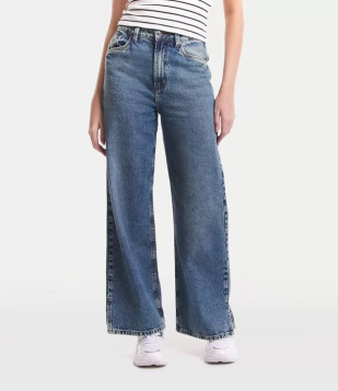 Calça Wide Leg Jeans Com Lavagem Dirty E Fenda Na Lateral Azul