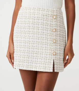 Saia Em Tweed Estampada Com Botões E Mini Fendinha Frontal Branco Neve