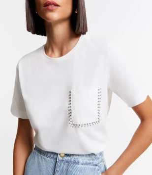 Camiseta Em Meia Malha Com Aplicação De Strass No Bolso Branco Neve