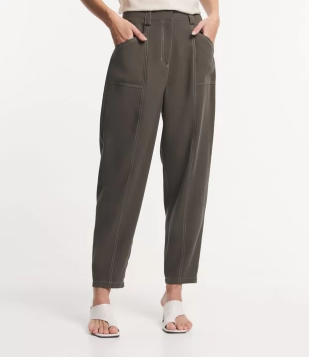 Calça Reta Em Viscose Com Detalhes Em Pespontos Contrastantes Verde Oliva