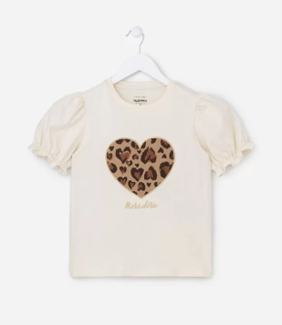 Blusa Infantil Com Manga Bufante E Bordado Coração - Tam 5 A 14 Anos Bege Claro