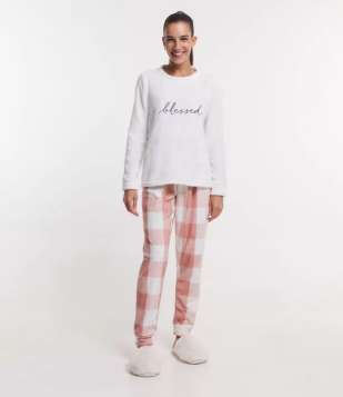 Pijama Longo Em Fleece Com Estampa Xadrez E Bordado Blessed Branco Neve