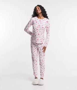 Pijama Longo Em Meia Malha Com Estampa De Corações Branco Neve