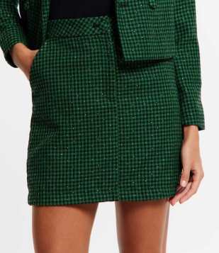 Saia Reta Em Tweed Com Estampa Pied De Poule Verde